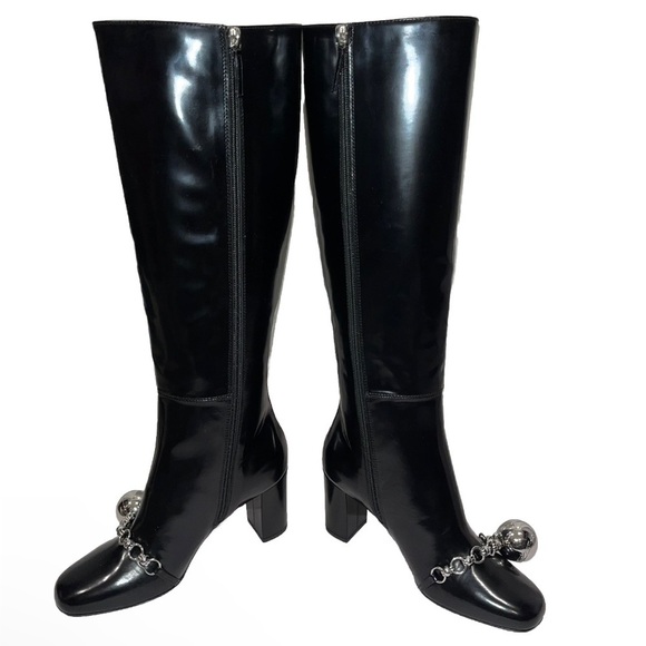 LONGCHAMP boots black leather FR 38 US 7 tall knee high riding chain designer - Picture 1 of 10